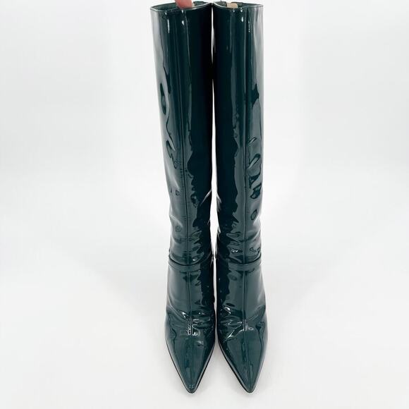 Retro Jimmy Choo Bottle Green Patent Leather Knee High Pointed Toe Boot IT 39.5 - Picture 3 of 11